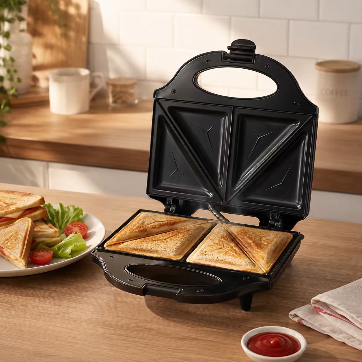 MOLIAX 750W Electric Sandwich Maker Toaster - 2-Slice Non-Stick Triangle Toastie Press Machine with Indicator Lights & Cool-Touch Handle