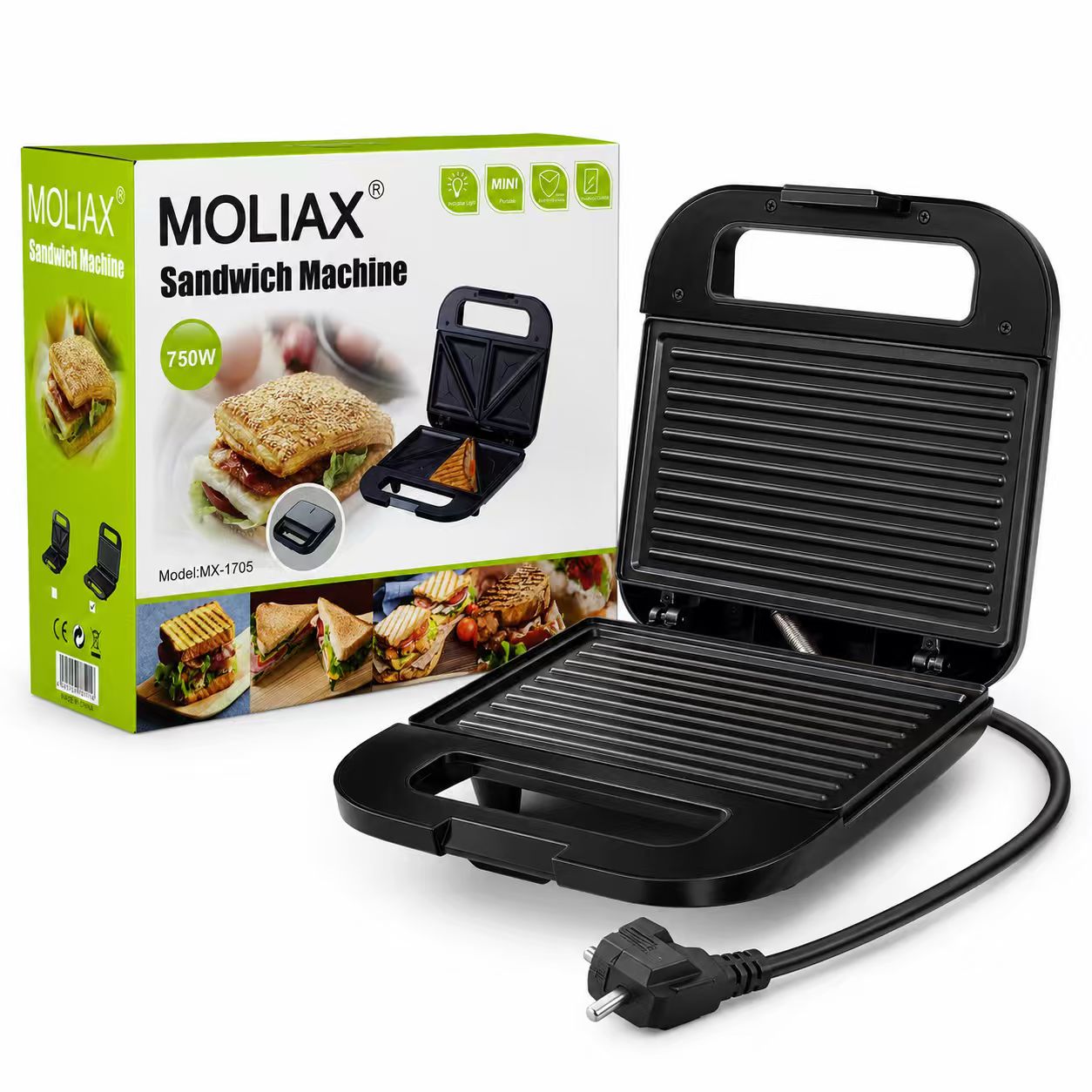 MOLIAX 750W Electric Panini Press Sandwich Maker - Non-Stick Ribbed Grill Toaster with Stainless Steel Top & Indicator Lights (MX-1705)