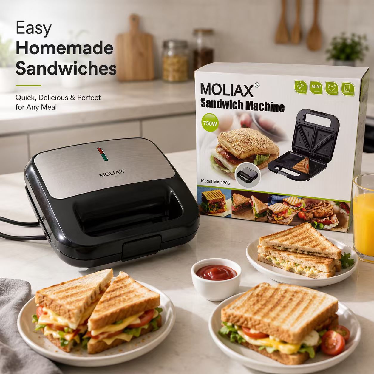 MOLIAX 750W Electric Panini Press Sandwich Maker - Non-Stick Ribbed Grill Toaster with Stainless Steel Top & Indicator Lights (MX-1705)