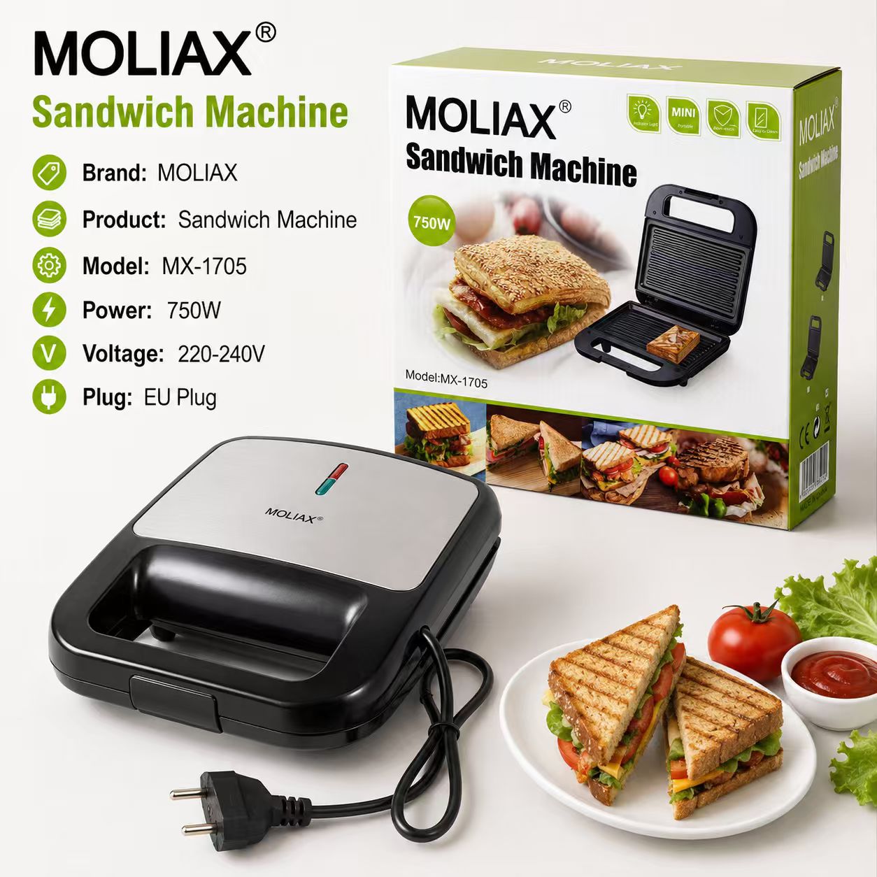 MOLIAX 750W Electric Panini Press Sandwich Maker - Non-Stick Ribbed Grill Toaster with Stainless Steel Top & Indicator Lights (MX-1705)