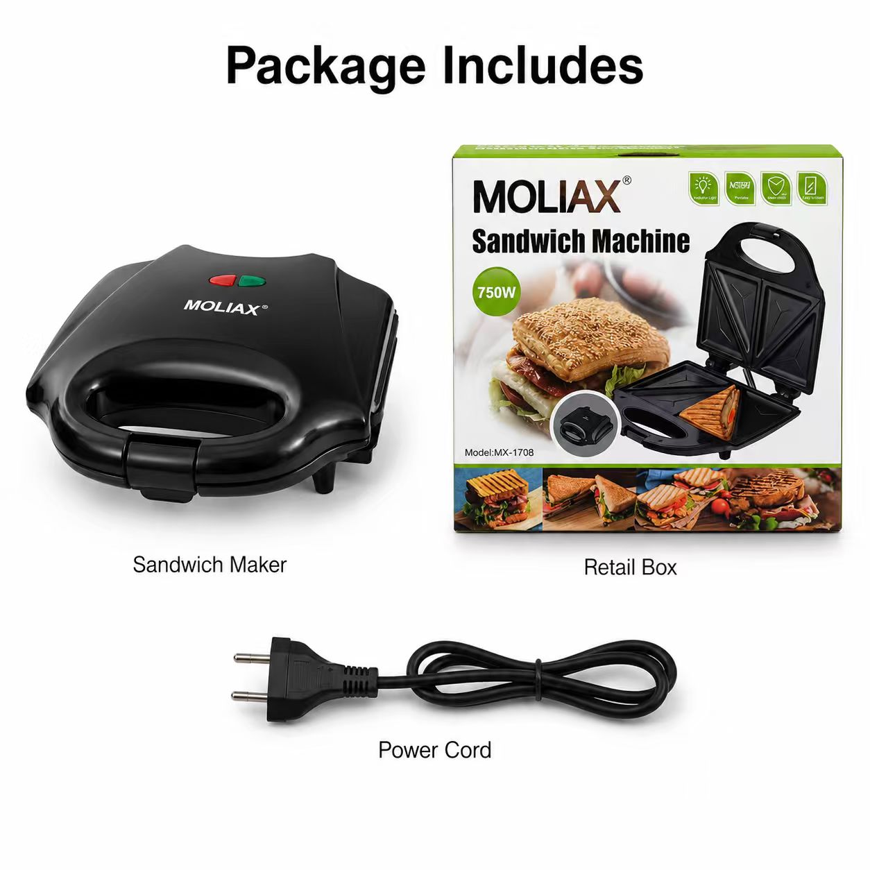 MOLIAX 750W Electric Sandwich Maker Toaster - 2-Slice Non-Stick Triangle Toastie Press Machine with Indicator Lights & Cool-Touch Handle