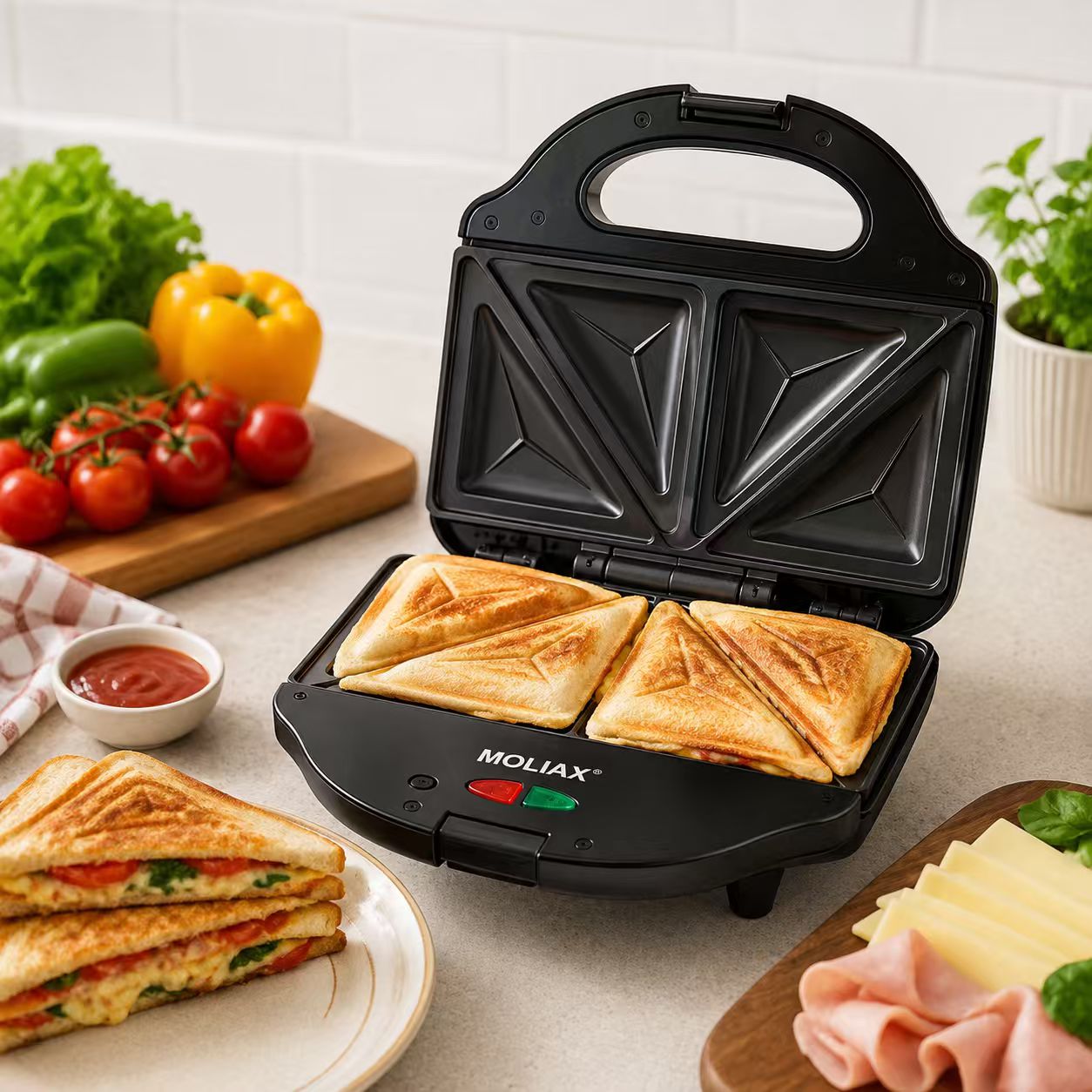MOLIAX 750W Electric Sandwich Maker Toaster - 2-Slice Non-Stick Triangle Toastie Press Machine with Indicator Lights & Cool-Touch Handle