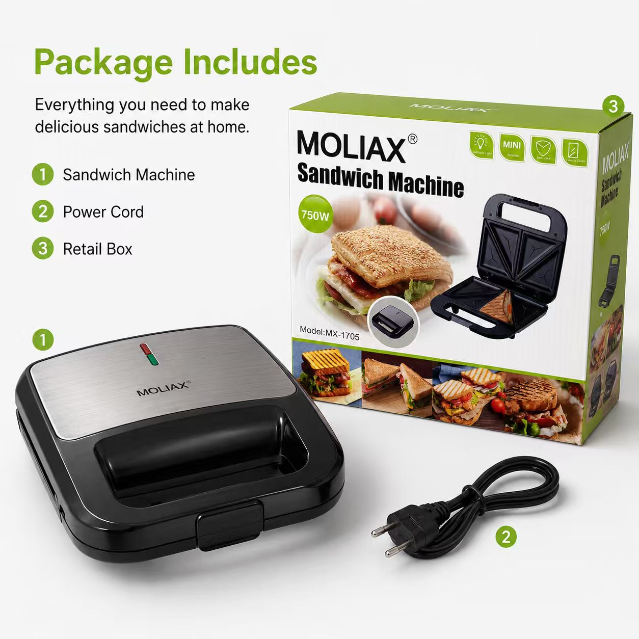 MOLIAX 750W Electric Panini Press Sandwich Maker - Non-Stick Ribbed Grill Toaster with Stainless Steel Top & Indicator Lights (MX-1705)