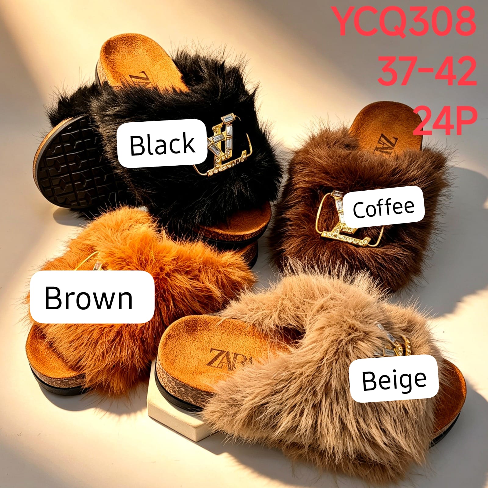 Women Ladies Luxurious Faux Fur Rhinestone Buckle Fluffy Slide Sandals Molded Cork Bed Slippers Sizes 37–42