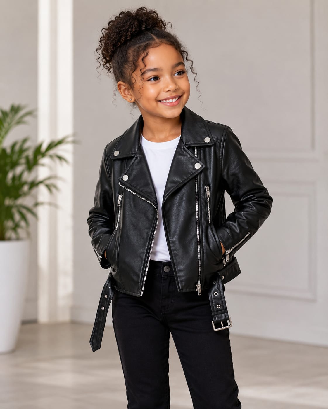 Girls’ trendy faux leather biker jacket featuring asymmetrical zipper, lapel collar, and waist belt. Stylish, durable outerwear, sizes 4–13Years.