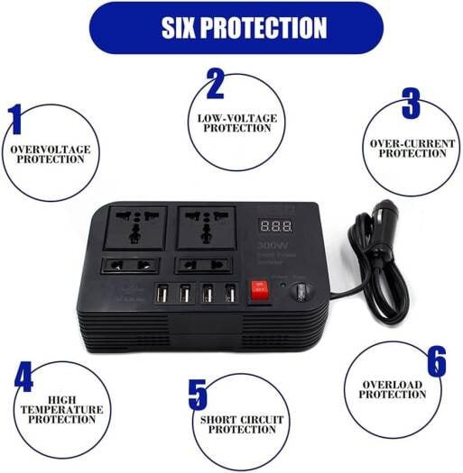Portable Car Power Inverter Car Charging Adapter DC 12V To AC 220V 300W Converter 4USB Charger Outlet Socket Auto Accessories
