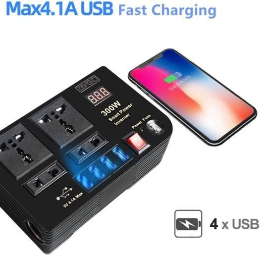 Portable Car Power Inverter Car Charging Adapter DC 12V To AC 220V 300W Converter 4USB Charger Outlet Socket Auto Accessories