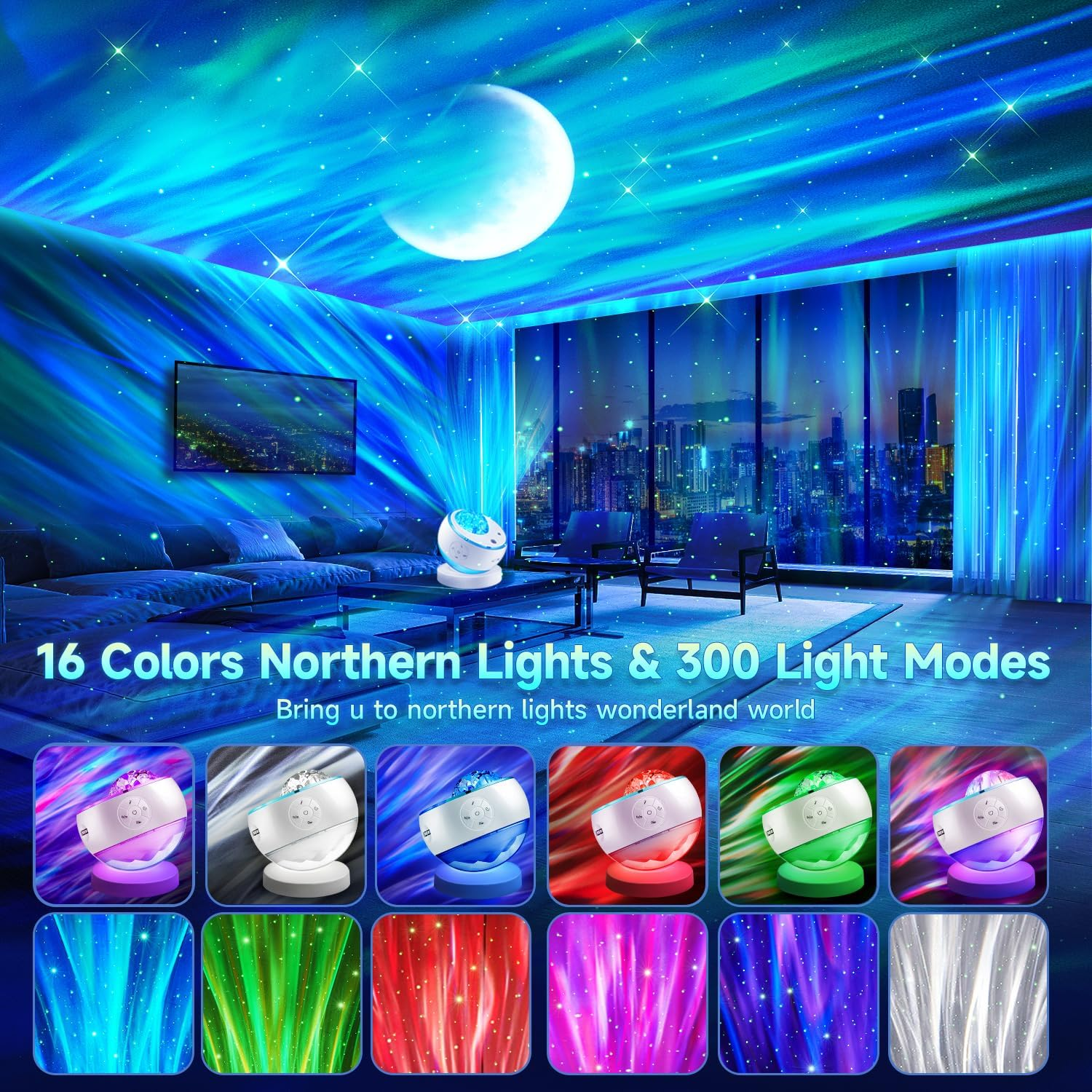 Galaxy Projector with Northern Lights & Aurora Effects, White Noise, 10 Colors, 5 Star Moon Galaxy Projector with Auto Timer, Bedroom Light For Kids & Adults Gift