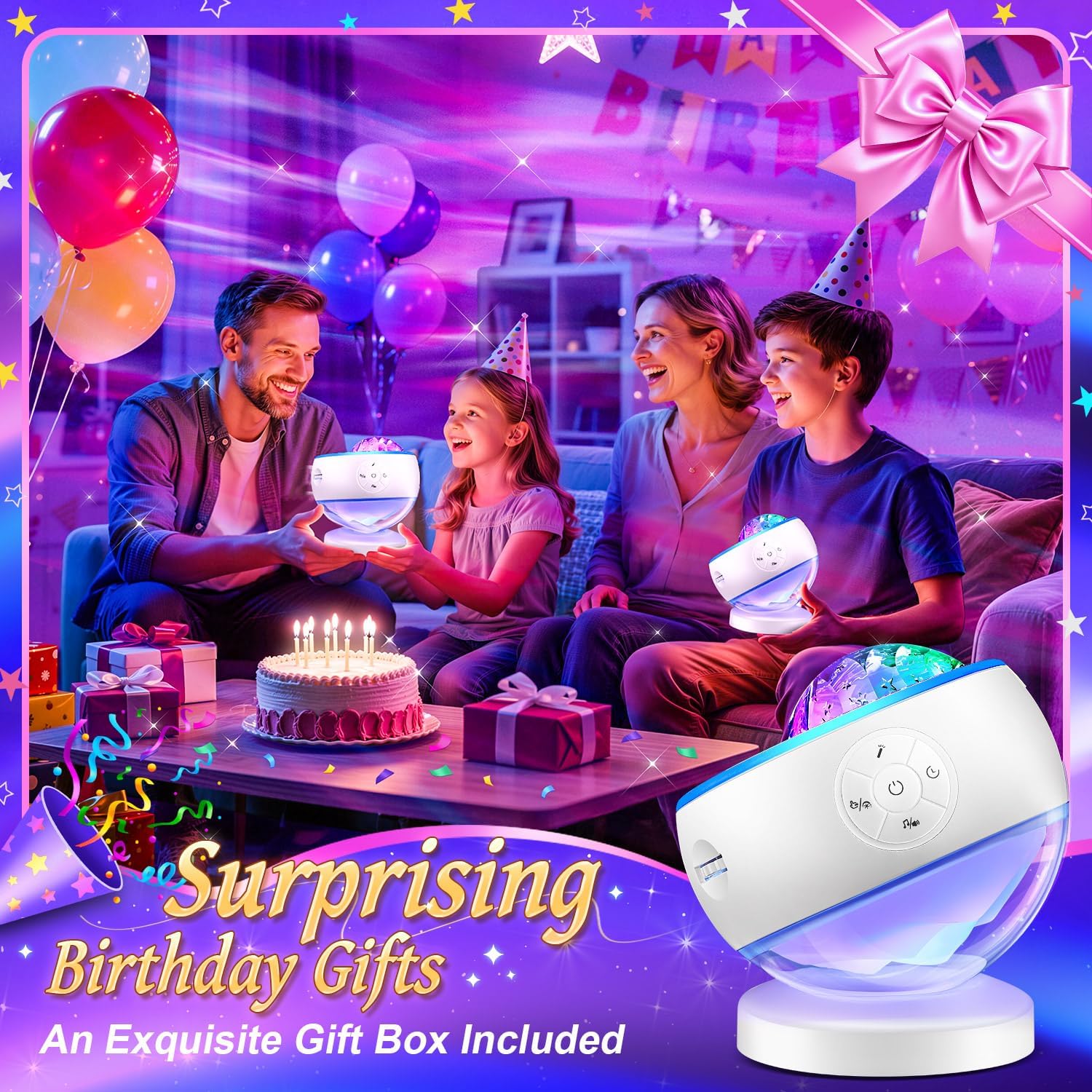 Galaxy Projector with Northern Lights & Aurora Effects, White Noise, 10 Colors, 5 Star Moon Galaxy Projector with Auto Timer, Bedroom Light For Kids & Adults Gift