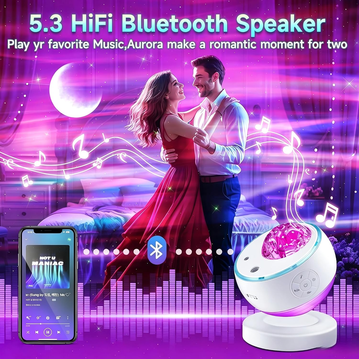 Galaxy Projector with Northern Lights & Aurora Effects, White Noise, 10 Colors, 5 Star Moon Galaxy Projector with Auto Timer, Bedroom Light For Kids & Adults Gift