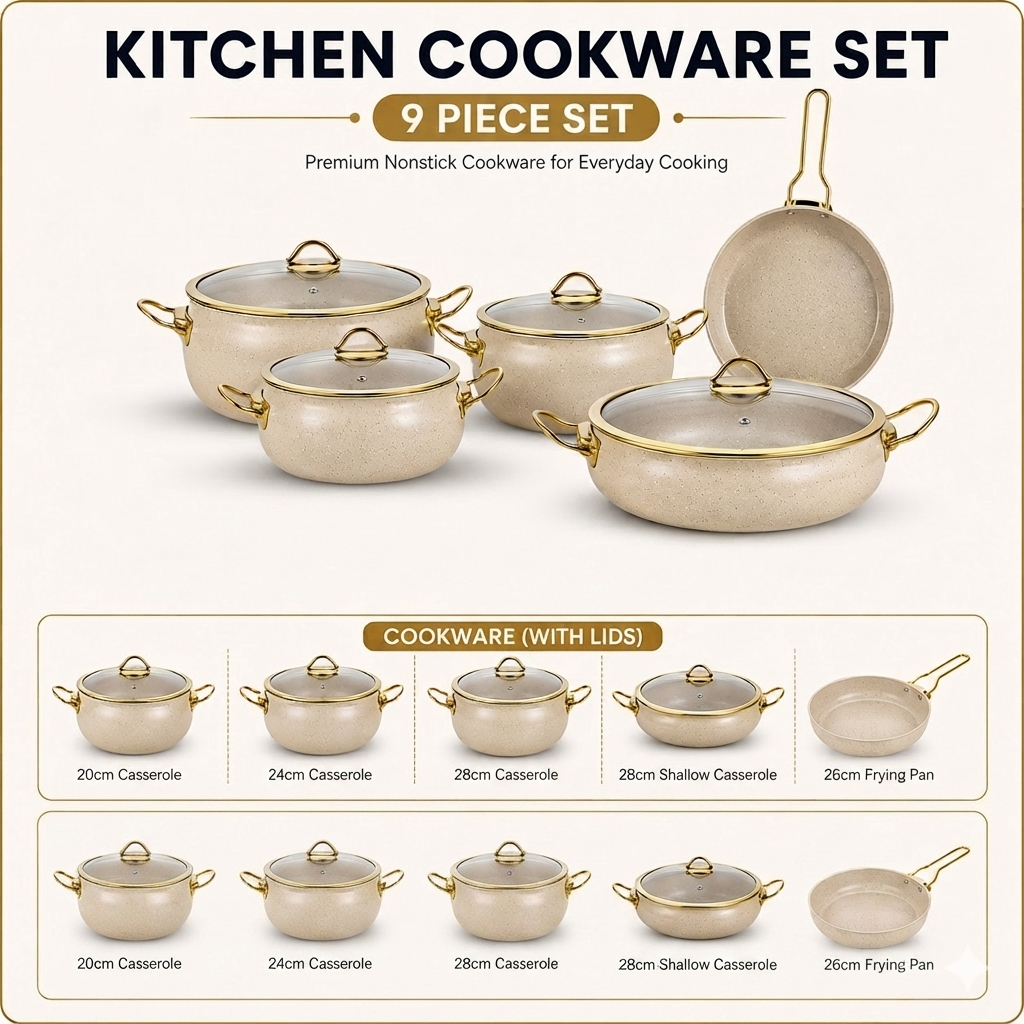 9-Piece Granite Casserole Cookware Set with Glass Lids, Non-Stick Cooking Pots and Frying Pan, 4 Saucepan Sizes with Gold Handles, Heat-Resistant Kitchen Cooking Set for Home