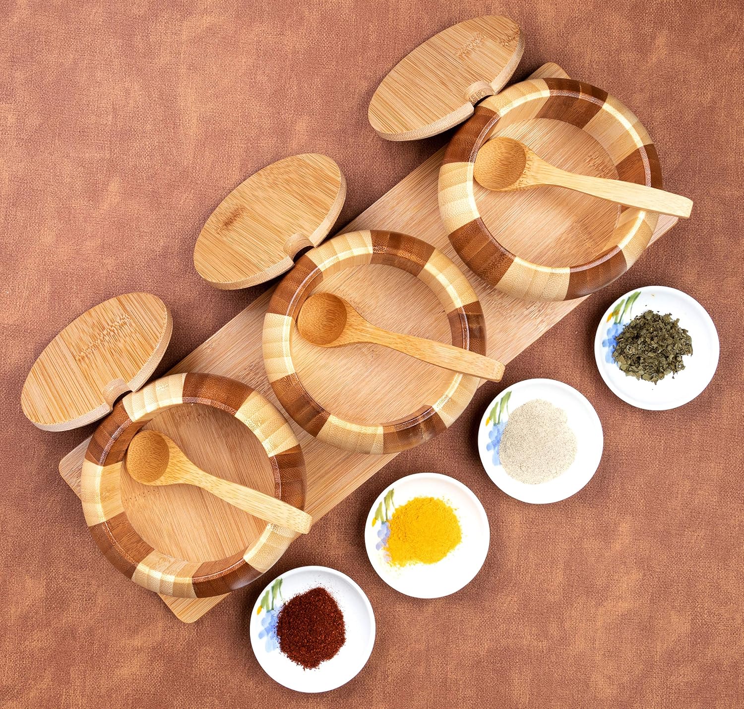Bamboo Wooden Salt Boxes Set | Salt and Sugar Containers Set | Salt and Pepper Bowls Set with Lids, Spoons and Trays – Condiment Pots | Jars | Crocks | Dish for Salt, Sugar, Pepper, Spice & Seasoning