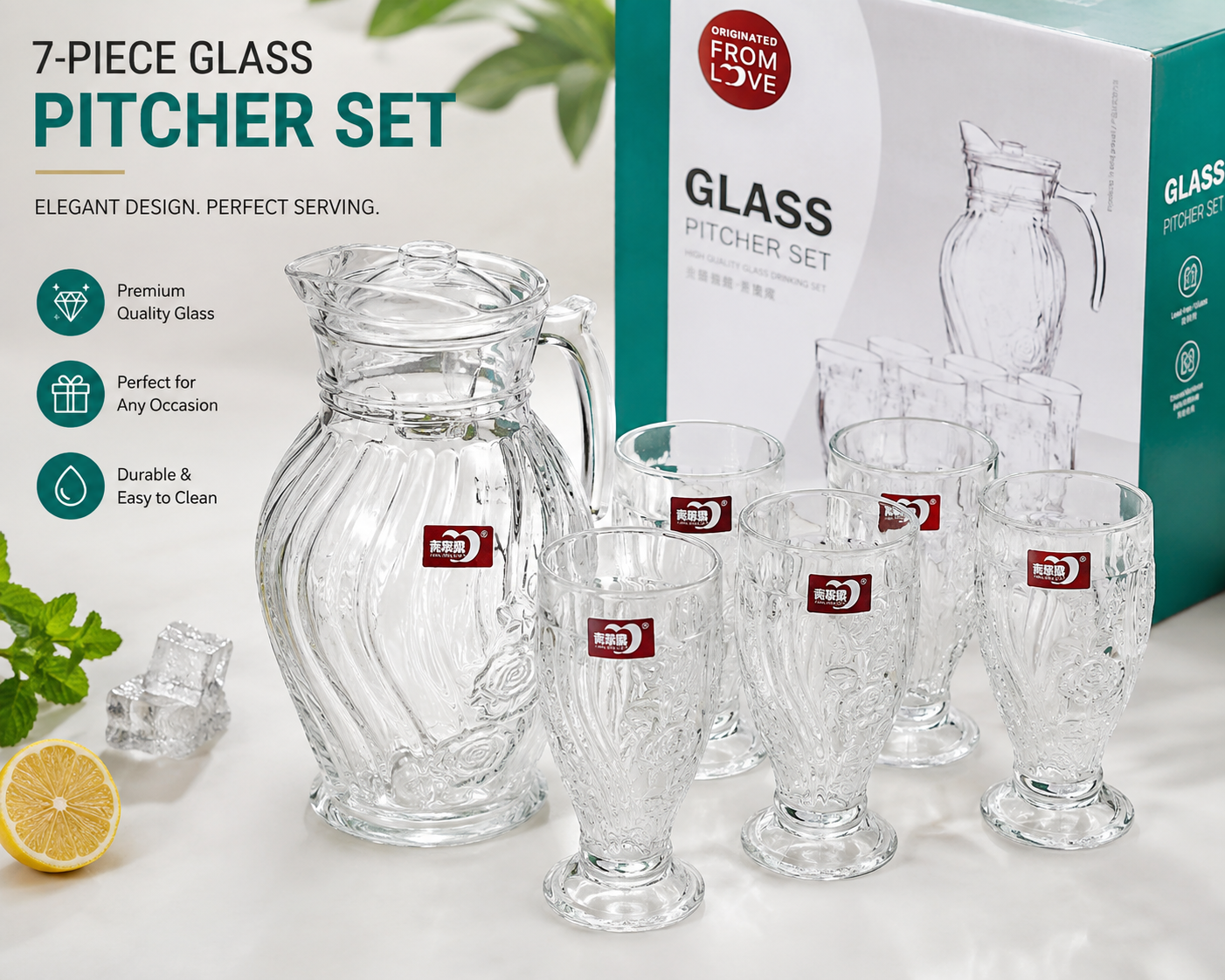 7-Piece Glass Pitcher Set with 1 Water Jug & 6 Drinking Glasses, Elegant Ribbed Glass Drinkware Set with Lid for Water, Juice, Milk & Home Serving