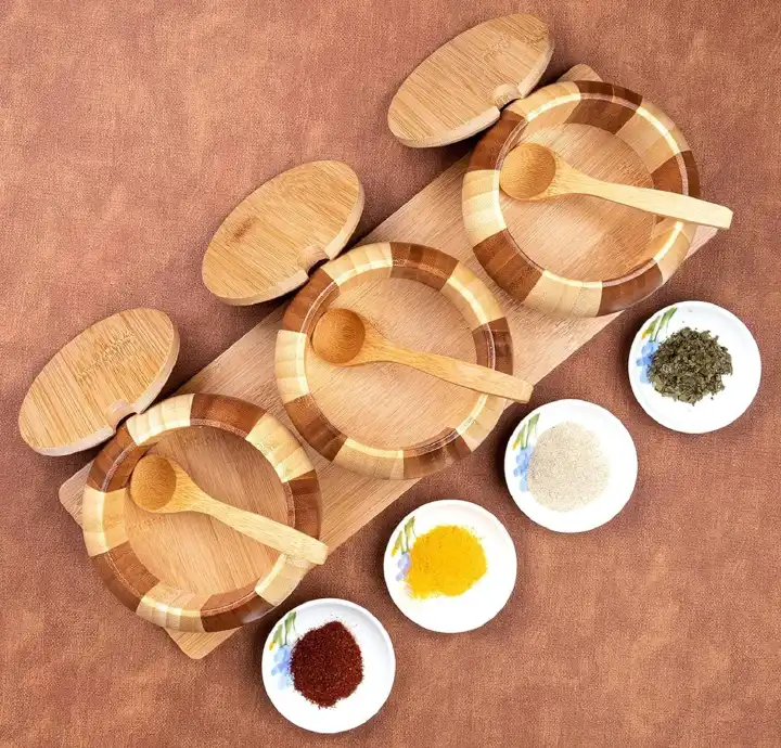 Bamboo Wooden Salt Boxes Set | Salt and Sugar Containers Set | Salt and Pepper Bowls Set with Lids, Spoons and Trays – Condiment Pots | Jars | Crocks | Dish for Salt, Sugar, Pepper, Spice & Seasoning