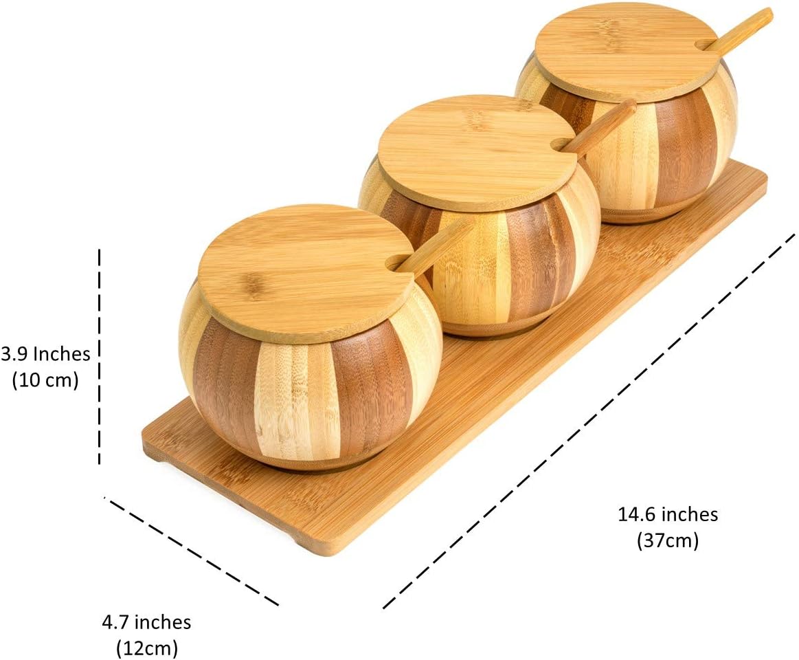 Bamboo Wooden Salt Boxes Set | Salt and Sugar Containers Set | Salt and Pepper Bowls Set with Lids, Spoons and Trays – Condiment Pots | Jars | Crocks | Dish for Salt, Sugar, Pepper, Spice & Seasoning