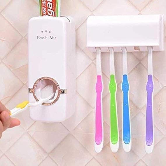 Automatic Toothpaste Dispenser & Toothbrush Holder Wall Mounted Bathroom Organizer with 5 Toothbrush Slots, Touch-Free Toothpaste Squeezer Dispenser