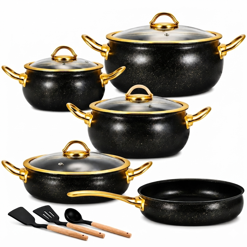 9-Piece Granite Casserole Cookware Set with Glass Lids, Non-Stick Cooking Pots and Frying Pan, 4 Saucepan Sizes with Gold Handles, Heat-Resistant Kitchen Cooking Set for Home