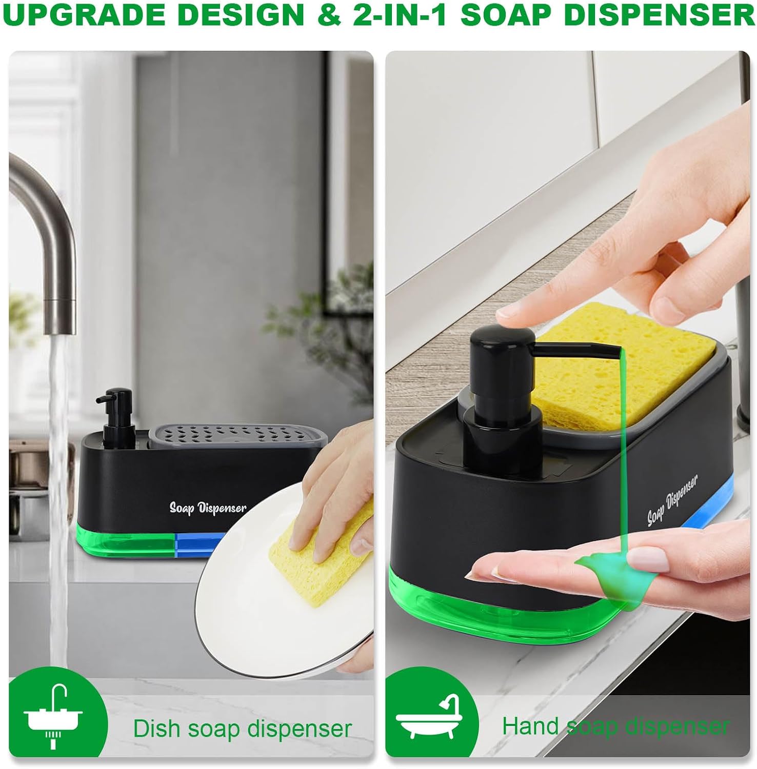 Black plastic 2-in-1 countertop soap dispenser and sponge caddy featuring a manual pump and a built-in tray holding a cleaning sponge