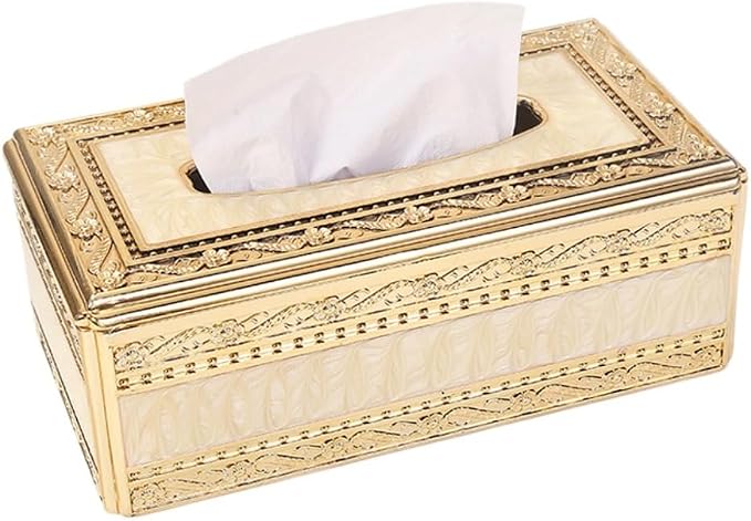 Luxury Gold Tissue Box Holder Decorative Tissue Dispenser Cover, Elegant Ornate Rectangular Tissue Holder for Home, Office, Living Room, Bedroom, Bathroom, Dining Table, Hotel and Car Interior