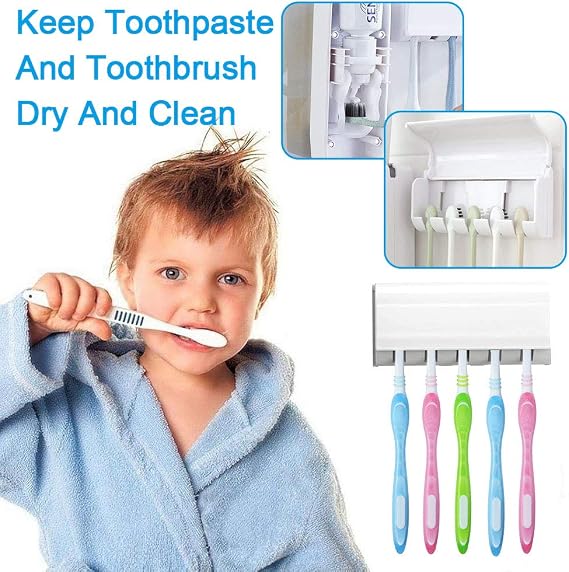 Automatic Toothpaste Dispenser & Toothbrush Holder Wall Mounted Bathroom Organizer with 5 Toothbrush Slots, Touch-Free Toothpaste Squeezer Dispenser