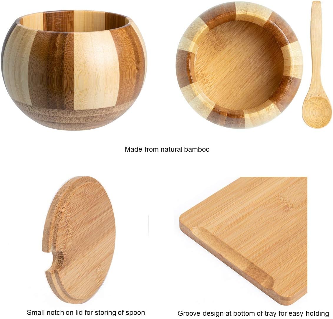 Bamboo Wooden Salt Boxes Set | Salt and Sugar Containers Set | Salt and Pepper Bowls Set with Lids, Spoons and Trays – Condiment Pots | Jars | Crocks | Dish for Salt, Sugar, Pepper, Spice & Seasoning