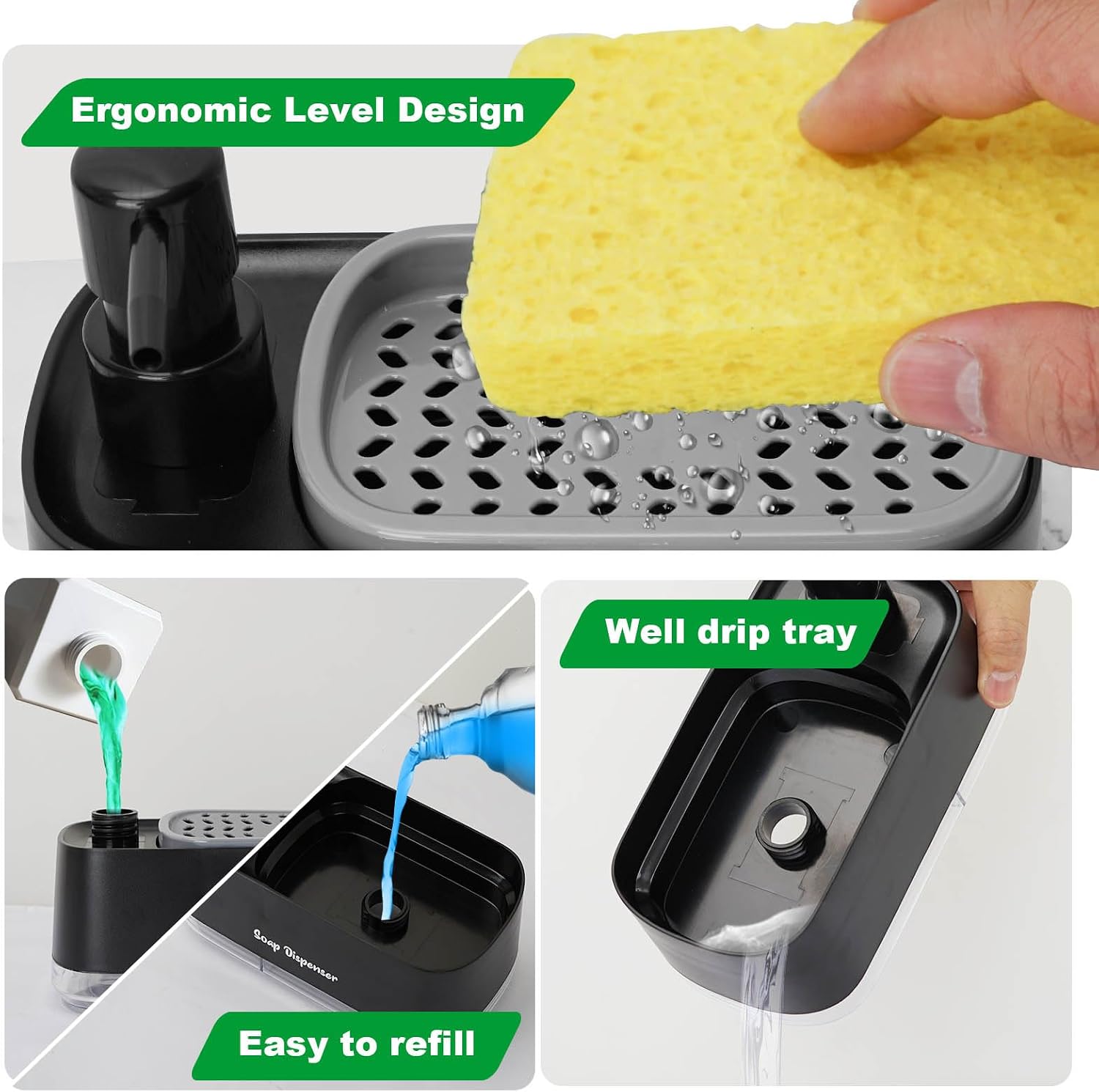 Black plastic 2-in-1 countertop soap dispenser and sponge caddy featuring a manual pump and a built-in tray holding a cleaning sponge