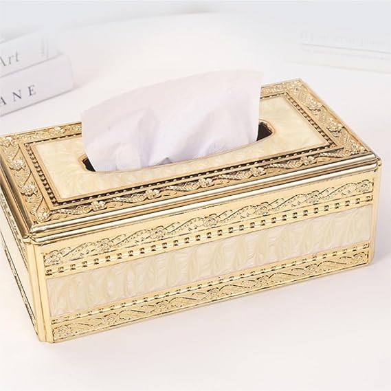 Luxury Gold Tissue Box Holder Decorative Tissue Dispenser Cover, Elegant Ornate Rectangular Tissue Holder for Home, Office, Living Room, Bedroom, Bathroom, Dining Table, Hotel and Car Interior