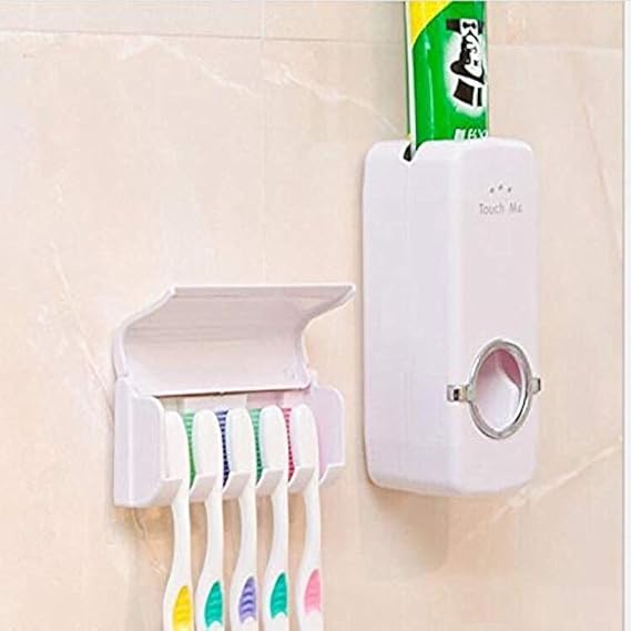 Automatic Toothpaste Dispenser & Toothbrush Holder Wall Mounted Bathroom Organizer with 5 Toothbrush Slots, Touch-Free Toothpaste Squeezer Dispenser
