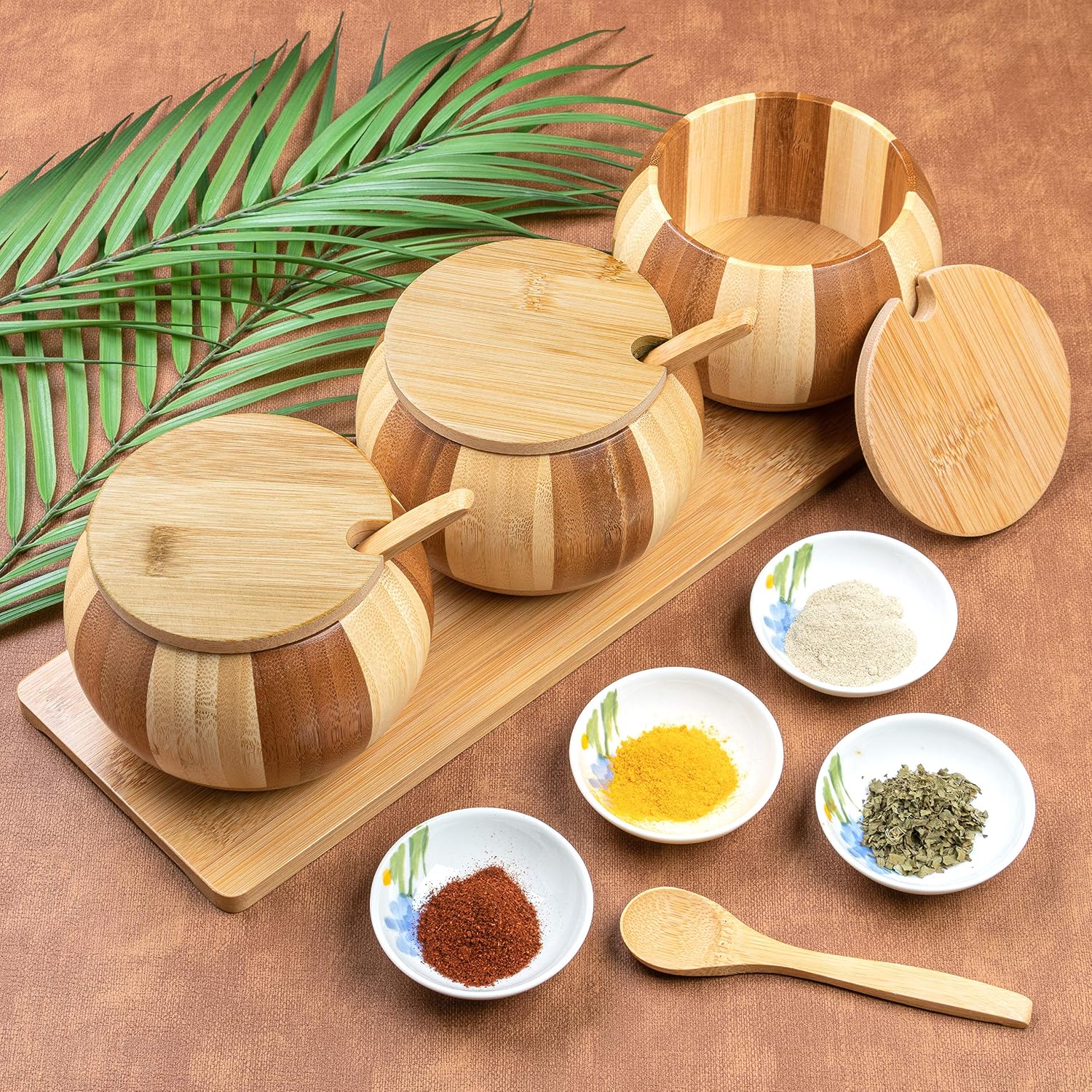 Bamboo Wooden Salt Boxes Set | Salt and Sugar Containers Set | Salt and Pepper Bowls Set with Lids, Spoons and Trays – Condiment Pots | Jars | Crocks | Dish for Salt, Sugar, Pepper, Spice & Seasoning
