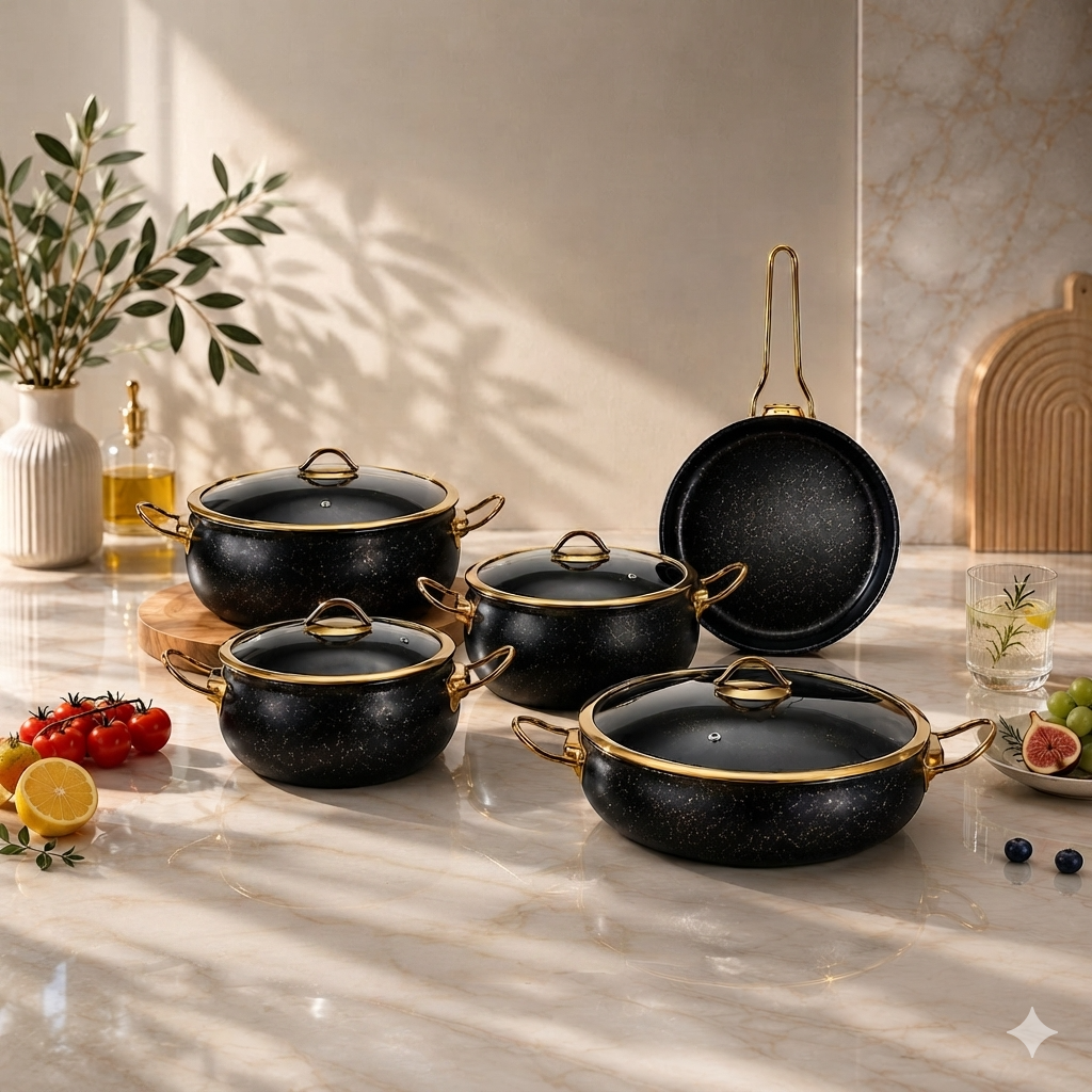 9-Piece Granite Casserole Cookware Set with Glass Lids, Non-Stick Cooking Pots and Frying Pan, 4 Saucepan Sizes with Gold Handles, Heat-Resistant Kitchen Cooking Set for Home