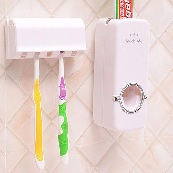 Automatic Toothpaste Dispenser & Toothbrush Holder Wall Mounted Bathroom Organizer with 5 Toothbrush Slots, Touch-Free Toothpaste Squeezer Dispenser