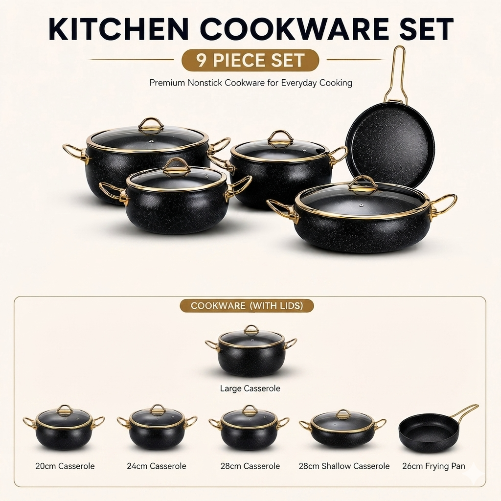 9-Piece Granite Casserole Cookware Set with Glass Lids, Non-Stick Cooking Pots and Frying Pan, 4 Saucepan Sizes with Gold Handles, Heat-Resistant Kitchen Cooking Set for Home