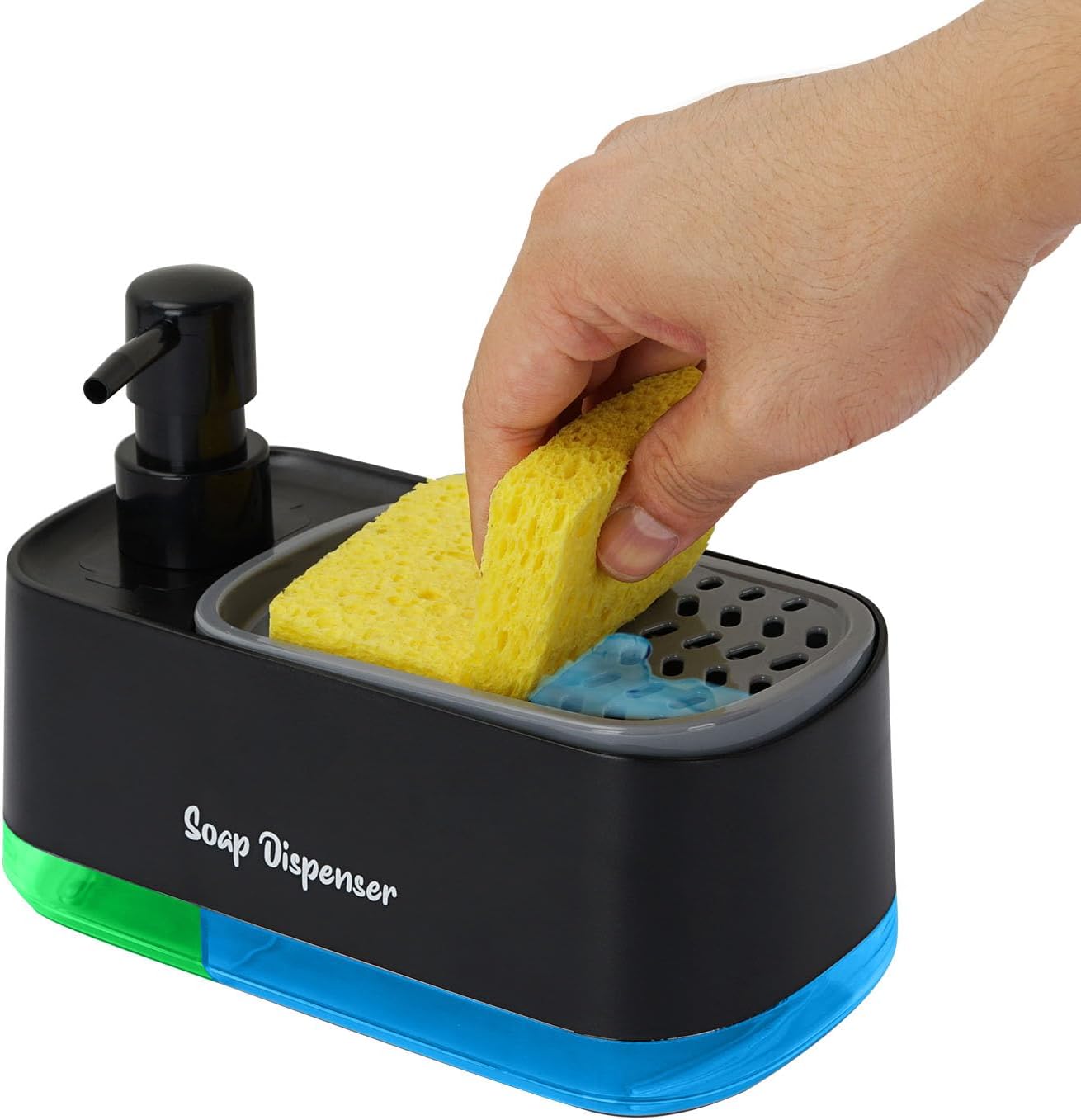 Black plastic 2-in-1 countertop soap dispenser and sponge caddy featuring a manual pump and a built-in tray holding a cleaning sponge