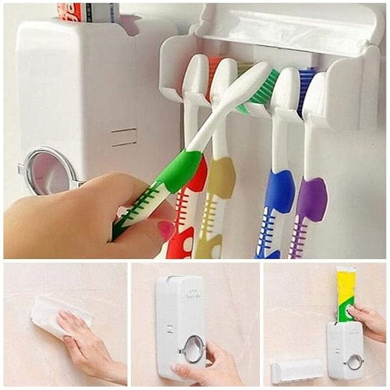 Automatic Toothpaste Dispenser & Toothbrush Holder Wall Mounted Bathroom Organizer with 5 Toothbrush Slots, Touch-Free Toothpaste Squeezer Dispenser