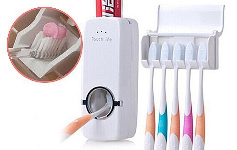 Automatic Toothpaste Dispenser & Toothbrush Holder Wall Mounted Bathroom Organizer with 5 Toothbrush Slots, Touch-Free Toothpaste Squeezer Dispenser