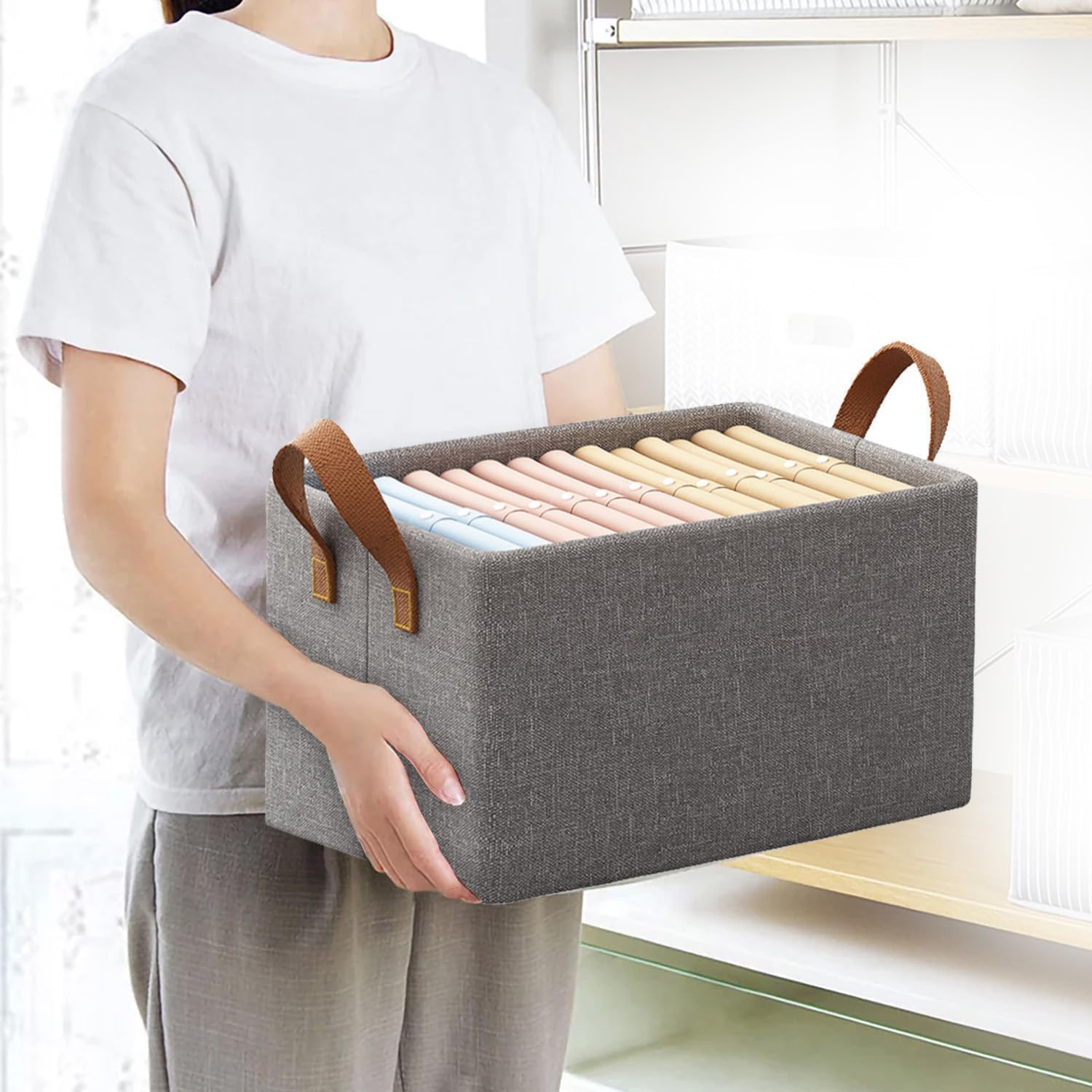 Large Foldable Clothes Storage Organizer Box with Handles, 47×28×20cm Fabric Closet Storage Bin for Clothes, Blankets, Bedding & Household Items
