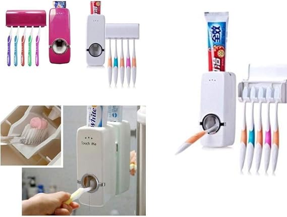 Automatic Toothpaste Dispenser & Toothbrush Holder Wall Mounted Bathroom Organizer with 5 Toothbrush Slots, Touch-Free Toothpaste Squeezer Dispenser