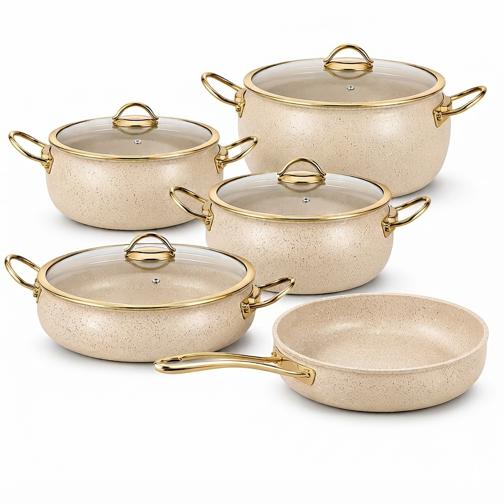 9-Piece Granite Casserole Cookware Set with Glass Lids, Non-Stick Cooking Pots and Frying Pan, 4 Saucepan Sizes with Gold Handles, Heat-Resistant Kitchen Cooking Set for Home