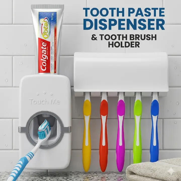 Automatic Toothpaste Dispenser & Toothbrush Holder Wall Mounted Bathroom Organizer with 5 Toothbrush Slots, Touch-Free Toothpaste Squeezer Dispenser