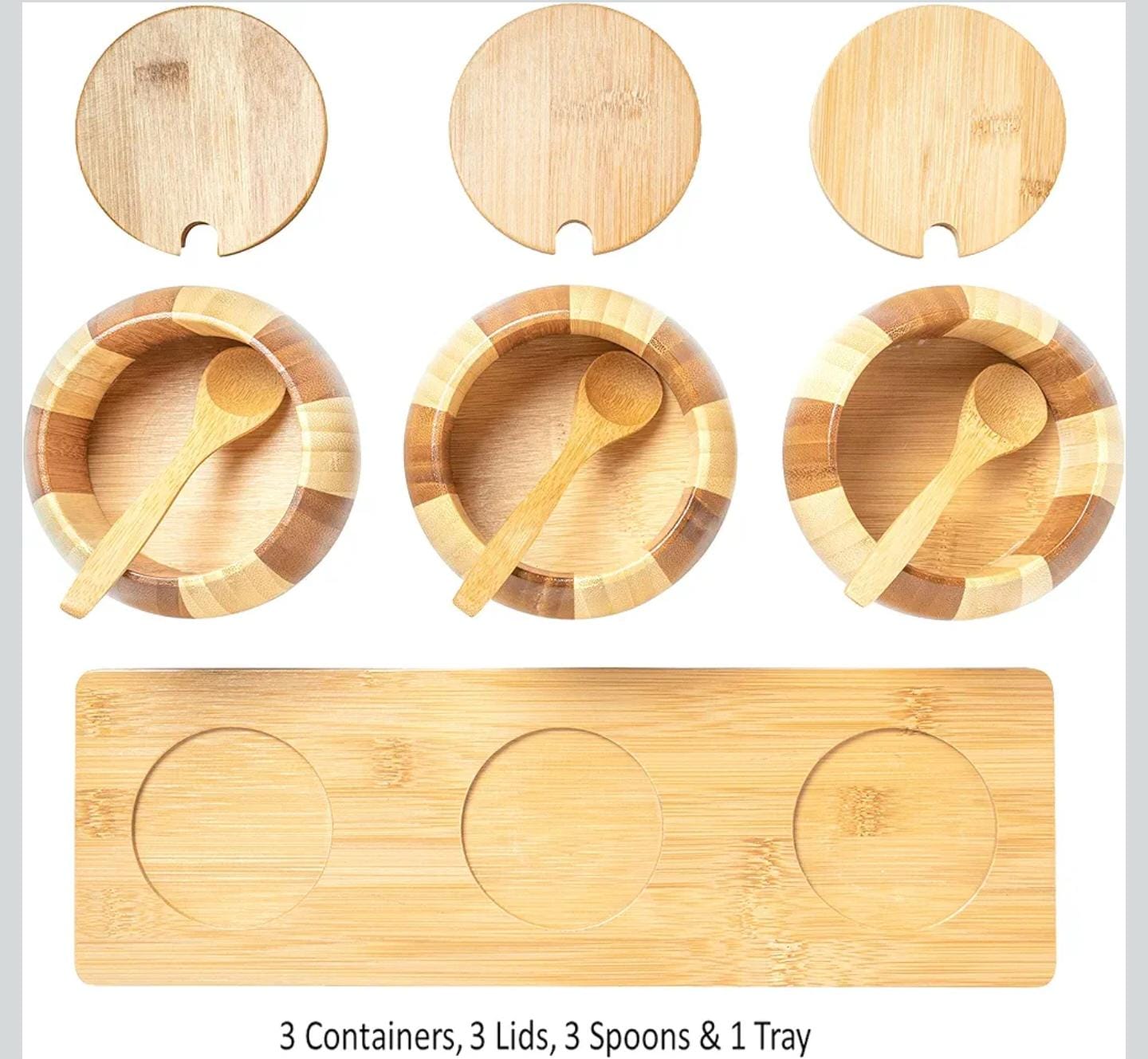 Bamboo Wooden Salt Boxes Set | Salt and Sugar Containers Set | Salt and Pepper Bowls Set with Lids, Spoons and Trays – Condiment Pots | Jars | Crocks | Dish for Salt, Sugar, Pepper, Spice & Seasoning