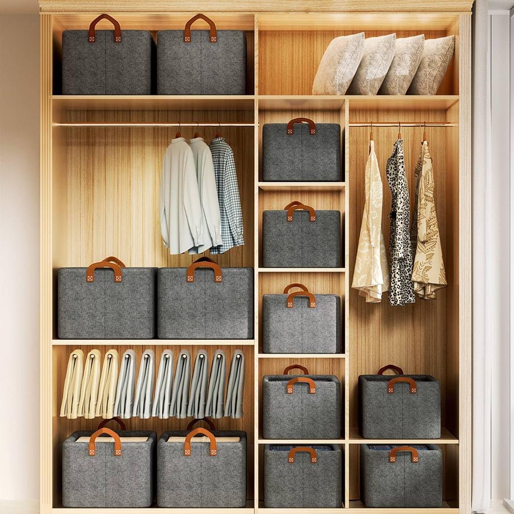 Large Foldable Clothes Storage Organizer Box with Handles, 47×28×20cm Fabric Closet Storage Bin for Clothes, Blankets, Bedding & Household Items