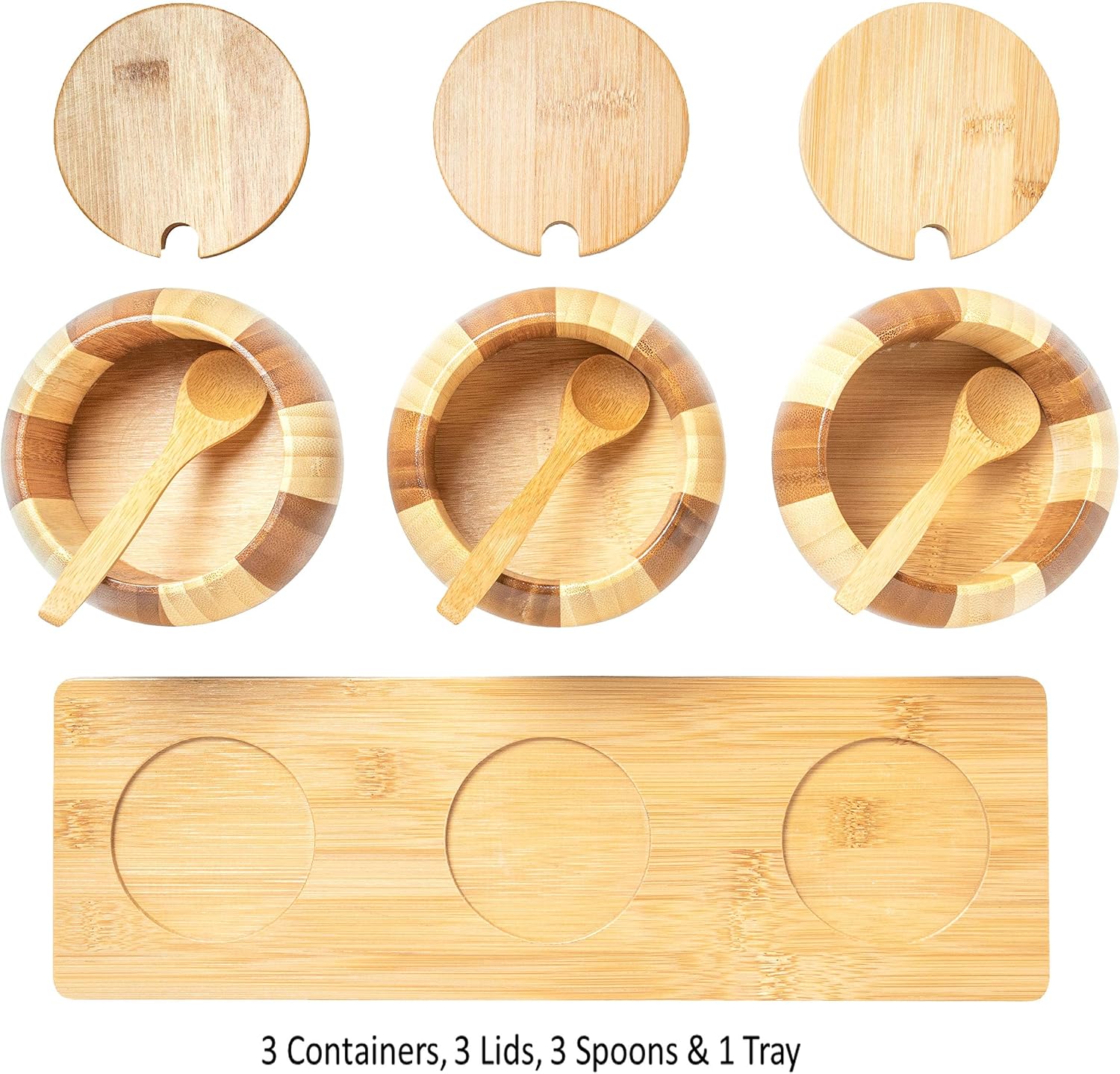 Bamboo Wooden Salt Boxes Set | Salt and Sugar Containers Set | Salt and Pepper Bowls Set with Lids, Spoons and Trays – Condiment Pots | Jars | Crocks | Dish for Salt, Sugar, Pepper, Spice & Seasoning