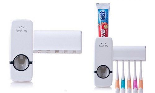 Automatic Toothpaste Dispenser & Toothbrush Holder Wall Mounted Bathroom Organizer with 5 Toothbrush Slots, Touch-Free Toothpaste Squeezer Dispenser