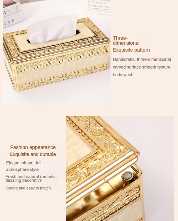 Luxury Gold Tissue Box Holder Decorative Tissue Dispenser Cover, Elegant Ornate Rectangular Tissue Holder for Home, Office, Living Room, Bedroom, Bathroom, Dining Table, Hotel and Car Interior