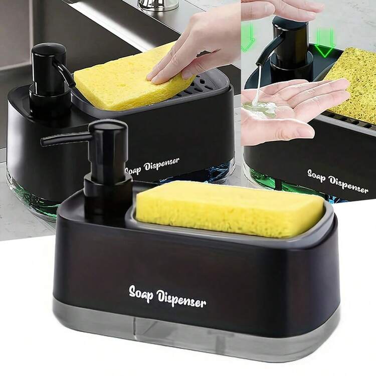Black plastic 2-in-1 countertop soap dispenser and sponge caddy featuring a manual pump and a built-in tray holding a cleaning sponge