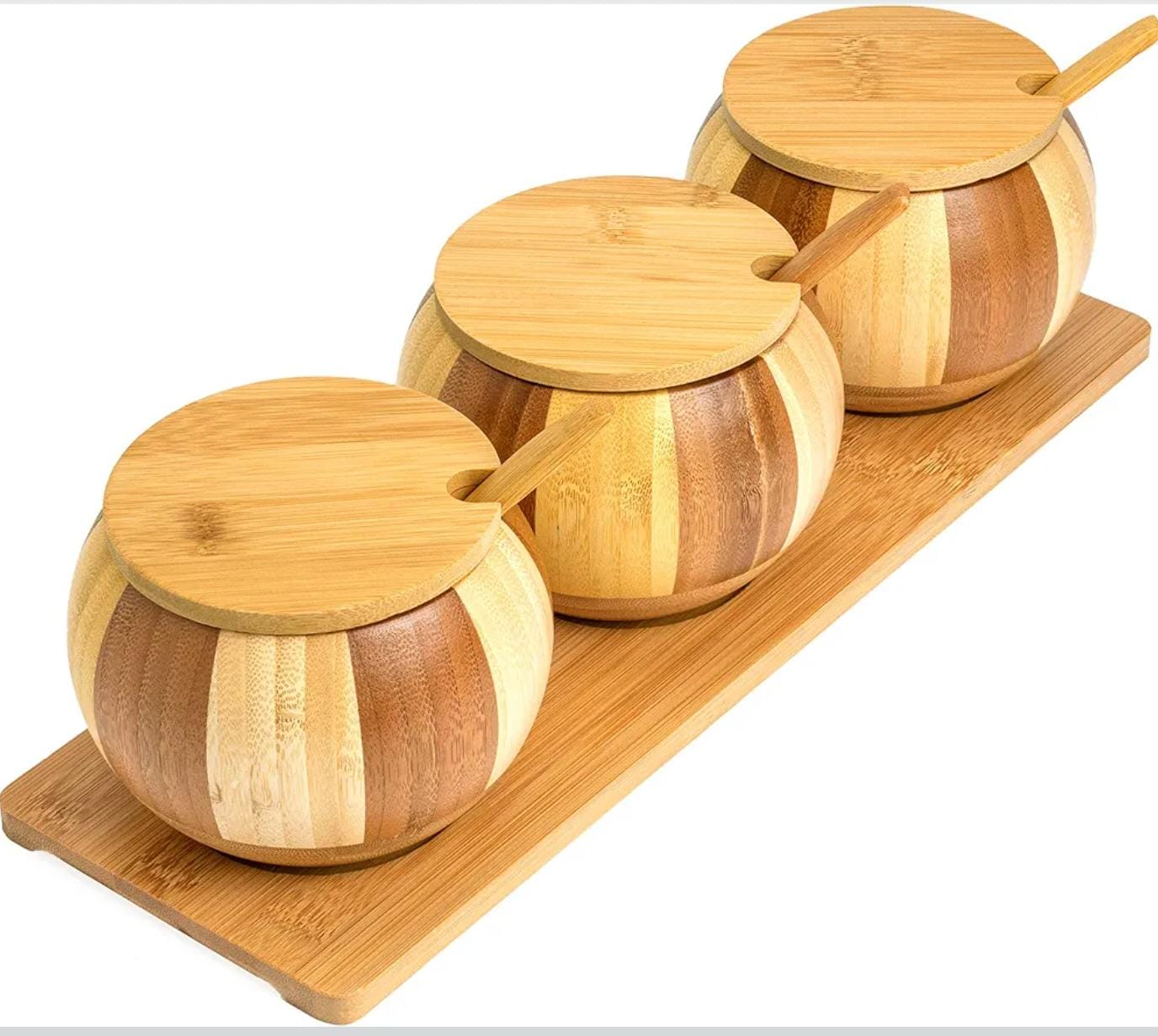 Bamboo Wooden Salt Boxes Set | Salt and Sugar Containers Set | Salt and Pepper Bowls Set with Lids, Spoons and Trays – Condiment Pots | Jars | Crocks | Dish for Salt, Sugar, Pepper, Spice & Seasoning