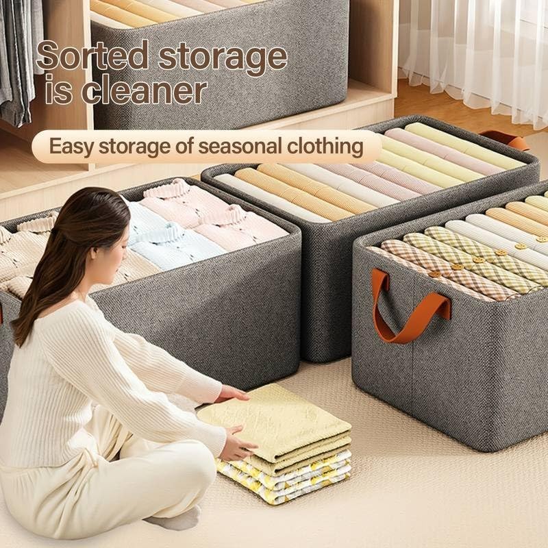 Large Foldable Clothes Storage Organizer Box with Handles, 47×28×20cm Fabric Closet Storage Bin for Clothes, Blankets, Bedding & Household Items