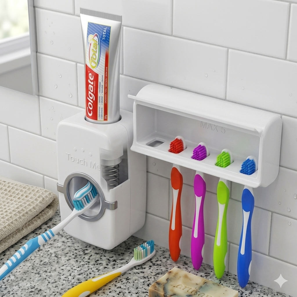 Automatic Toothpaste Dispenser & Toothbrush Holder Wall Mounted Bathroom Organizer with 5 Toothbrush Slots, Touch-Free Toothpaste Squeezer Dispenser