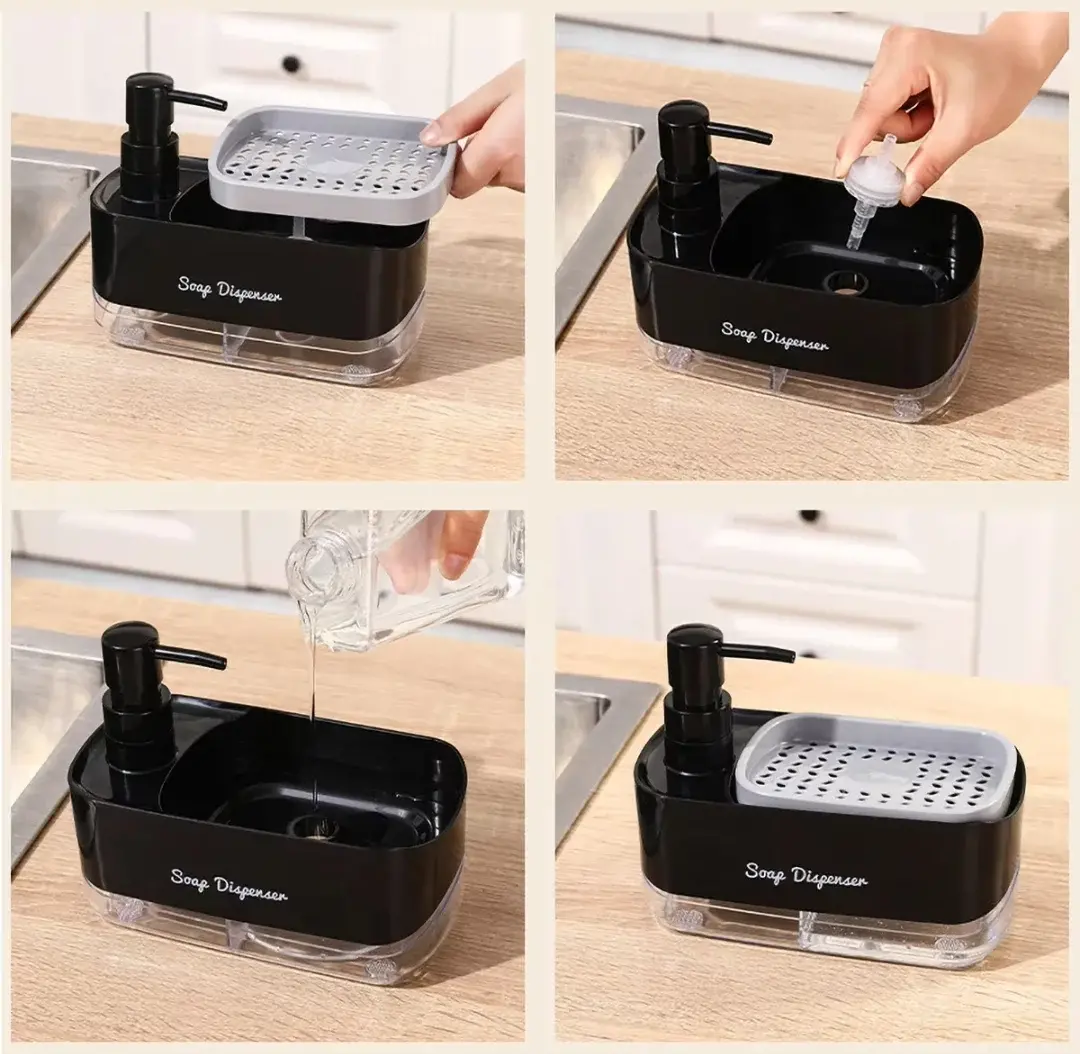 Black plastic 2-in-1 countertop soap dispenser and sponge caddy featuring a manual pump and a built-in tray holding a cleaning sponge
