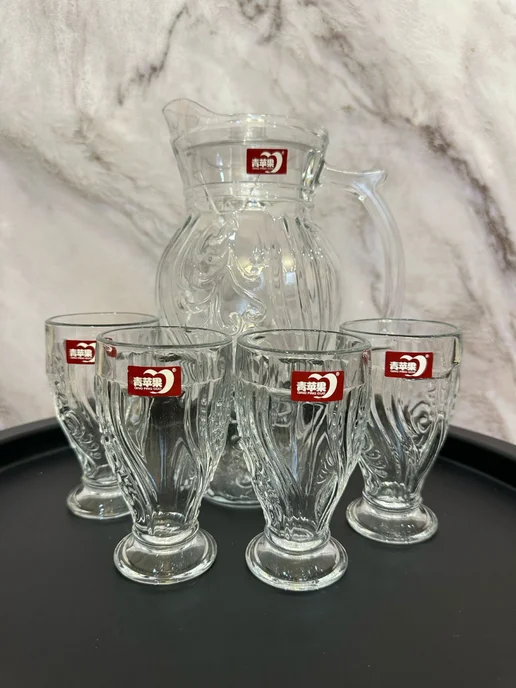 7-Piece Glass Pitcher Set with 1 Water Jug & 6 Drinking Glasses, Elegant Ribbed Glass Drinkware Set with Lid for Water, Juice, Milk & Home Serving